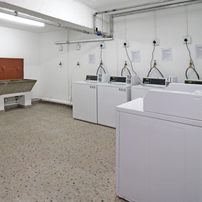 Laundry room with a row of washing machines and dryers